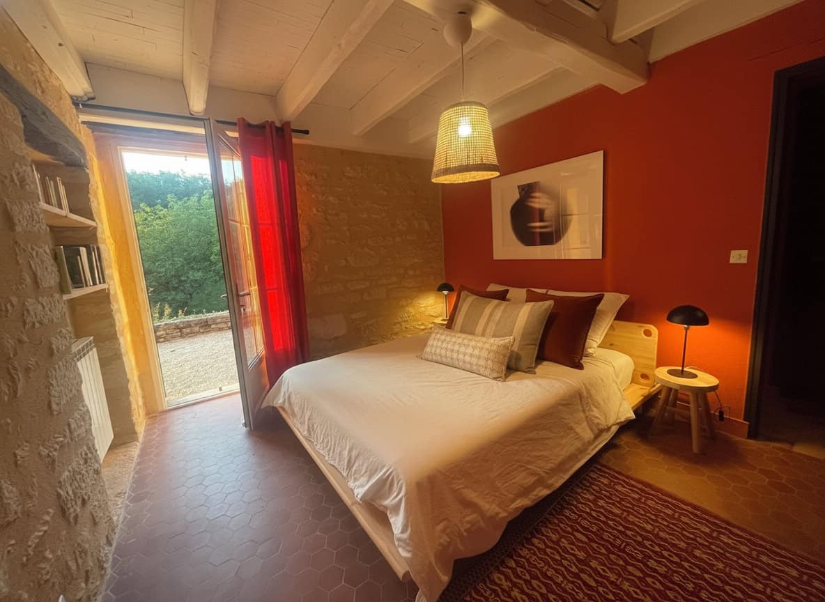 Gemütliches Doppelzimmer mit Natursteinmauer, Balkonausblick, warme Beleuchtung, ideal für erholsame Ferien.