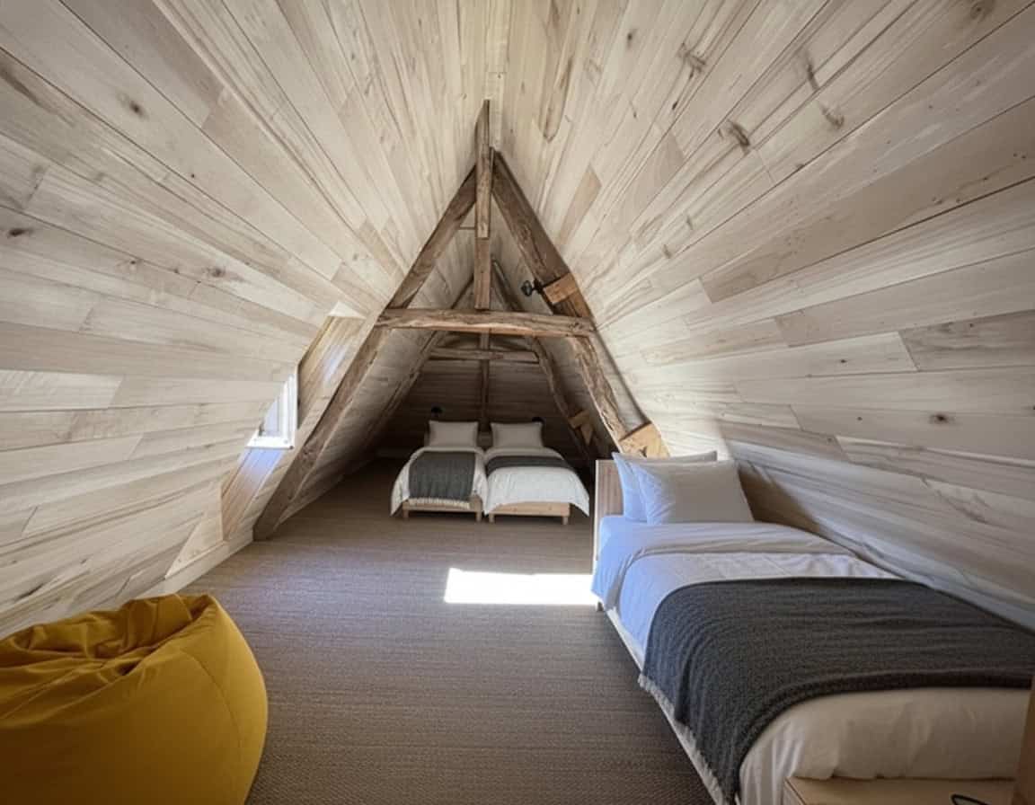 Gemütliches Schlafzimmer mit Dachgeschoss, Holzinterieur, Doppelbett und Komfort auf La Combe de la Dame.