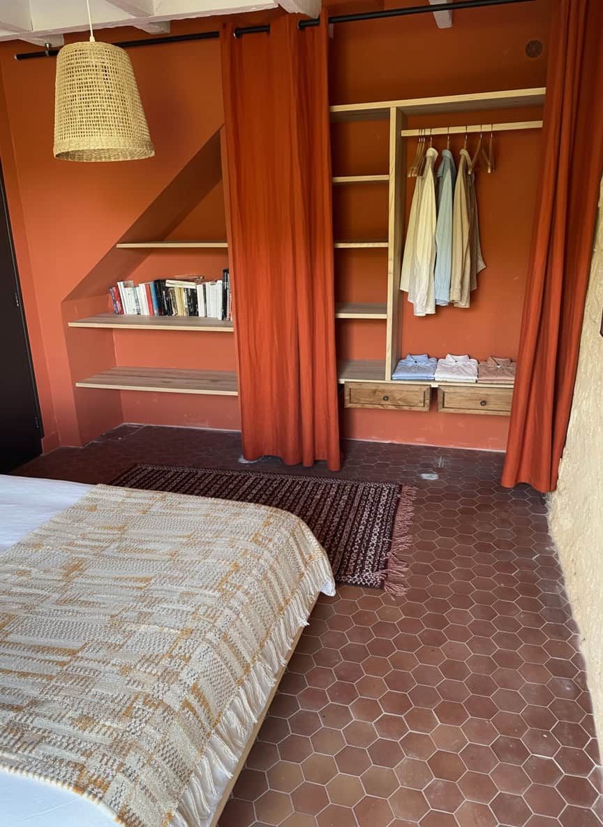 Alt-Text: Gemütliches Schlafzimmer mit offenen Kleiderschrank, rustikalen Terrakottabodenfliesen und warmen Farben.