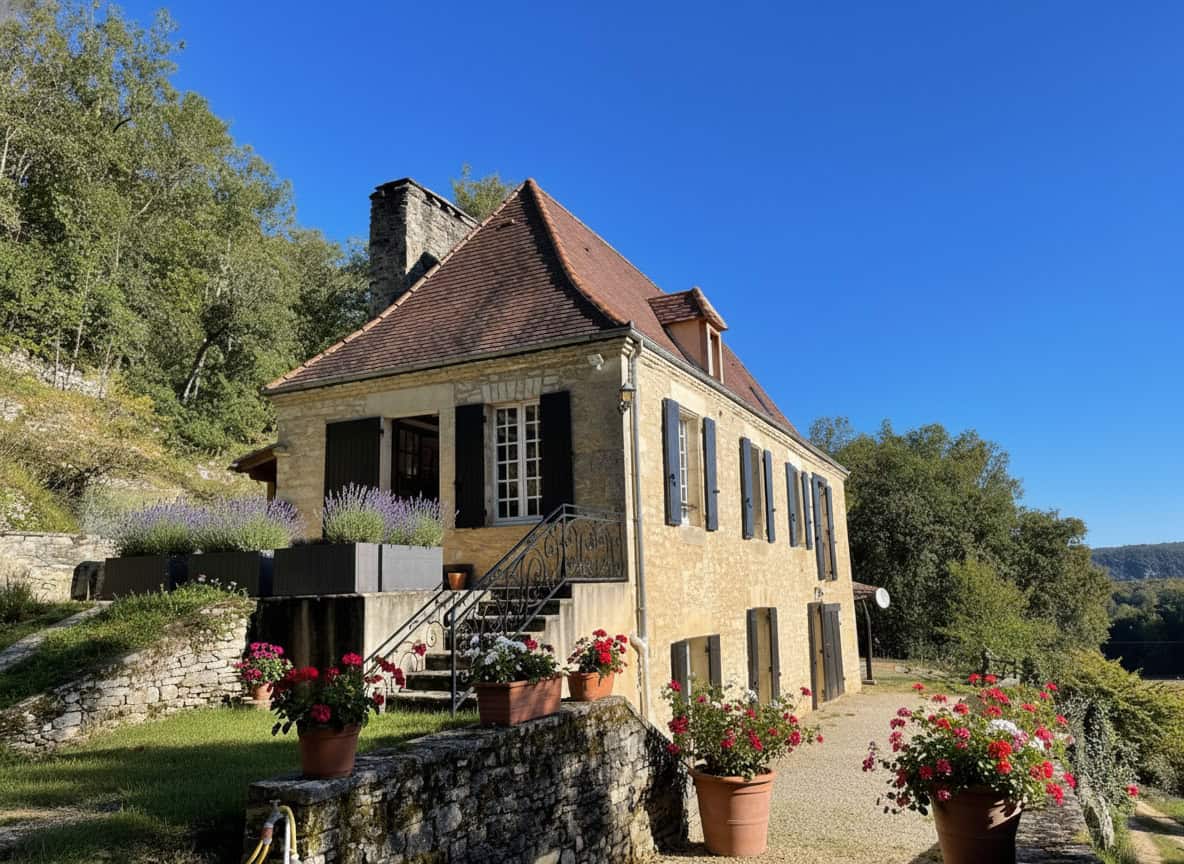 Alt: Historisches französisches Landhaus mit rustikalem Charme, umgeben von Blumen.