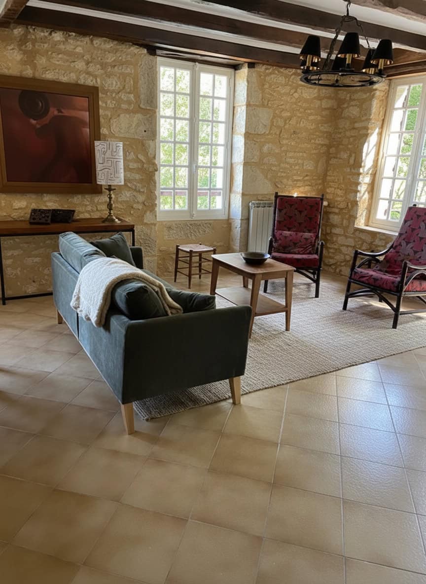 Helles Wohnzimmer mit Steinwänden und großen Fenstern, gemütliche Sitzmöbel im Landhausstil.